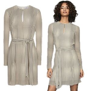 REISS Elissa White Black Spot Monochrome Long Sleeve Mini Fit Flare Tie Dress